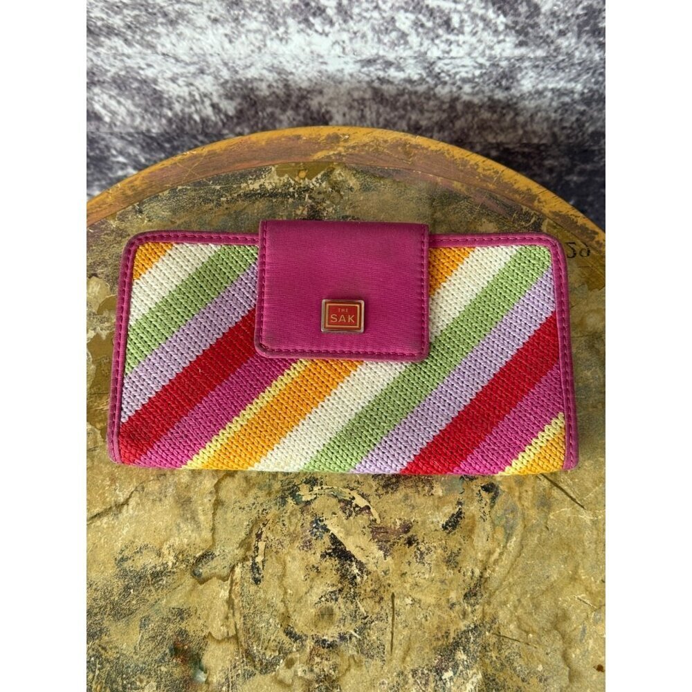 The Sak Wallet Striped Pink Knit Colorful Fold over M Classic‎ Card Case Clutch